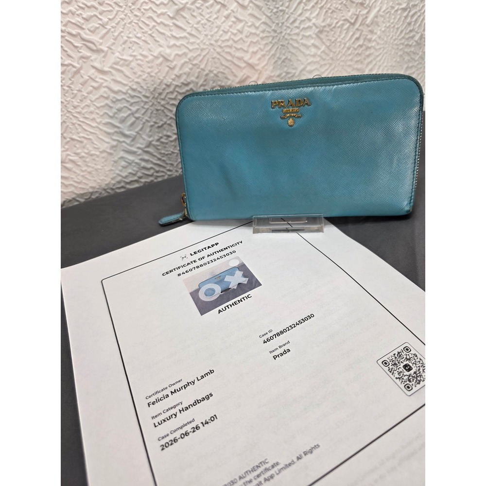 Prada Zip Around Wallet Women OS Blue Good Saffiano Leather Gold Logo Authentic